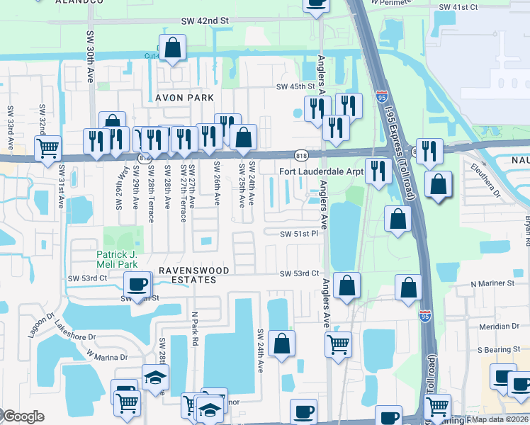 map of restaurants, bars, coffee shops, grocery stores, and more near 4976 Leeward Lane in Fort Lauderdale