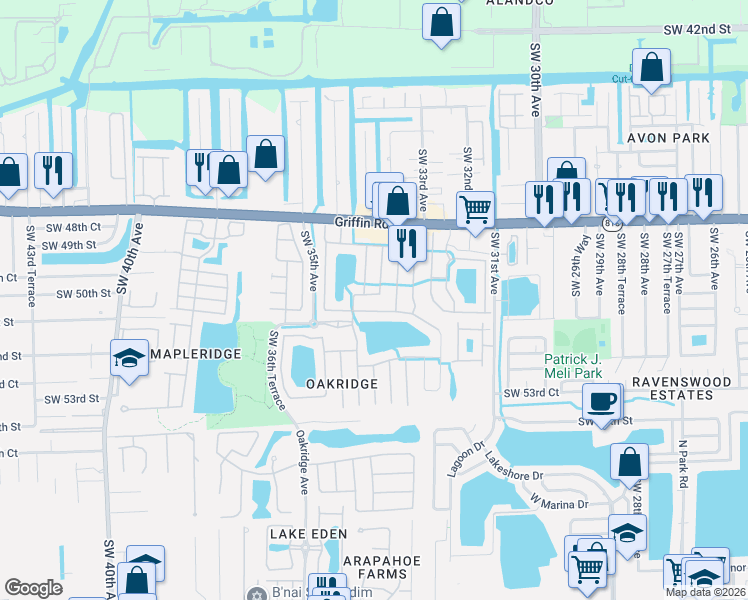 map of restaurants, bars, coffee shops, grocery stores, and more near 3360 Southwest 50th Street in Fort Lauderdale