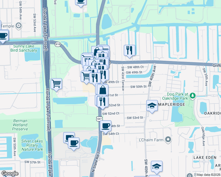 map of restaurants, bars, coffee shops, grocery stores, and more near 5030 Florida 7 in Davie
