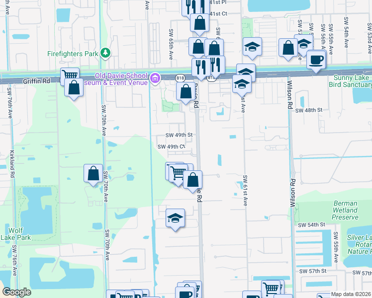 map of restaurants, bars, coffee shops, grocery stores, and more near 6543 North Anise Court in Davie