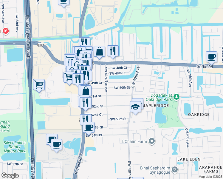 map of restaurants, bars, coffee shops, grocery stores, and more near 4282 Southwest 50th Street in Fort Lauderdale