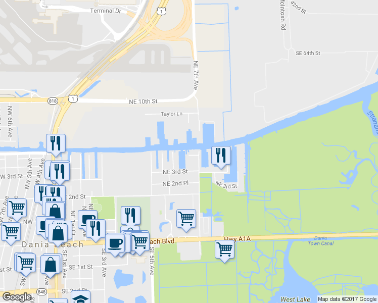 map of restaurants, bars, coffee shops, grocery stores, and more near 635 Northeast 3rd Terrace in Dania Beach