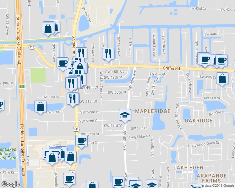 map of restaurants, bars, coffee shops, grocery stores, and more near 4154 Southwest 50th Street in Fort Lauderdale