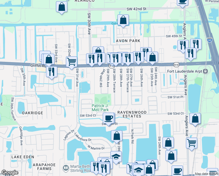 map of restaurants, bars, coffee shops, grocery stores, and more near 5020 Southwest 29th Avenue in Fort Lauderdale