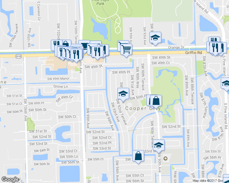 map of restaurants, bars, coffee shops, grocery stores, and more near 5021 Southwest 92nd Terrace in Cooper City
