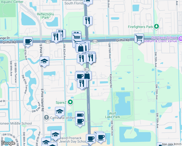 map of restaurants, bars, coffee shops, grocery stores, and more near 7952 North Southwood Circle in Davie