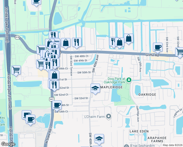 map of restaurants, bars, coffee shops, grocery stores, and more near 4020 Southwest 50th Street in Fort Lauderdale