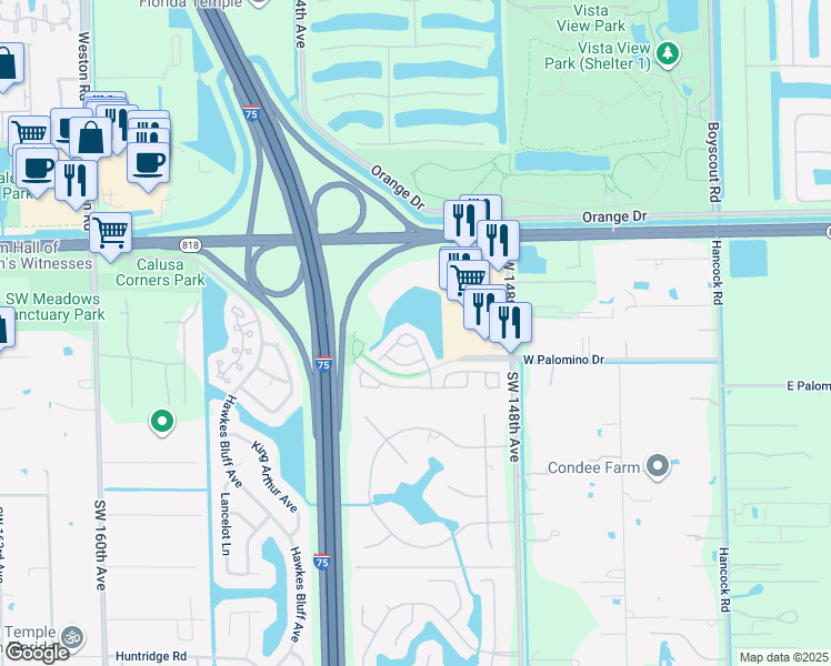 map of restaurants, bars, coffee shops, grocery stores, and more near 4940 Southwest 151st Avenue in Davie