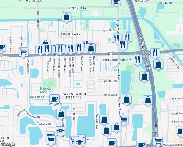 map of restaurants, bars, coffee shops, grocery stores, and more near 4991 Southwest 25th Avenue in Fort Lauderdale