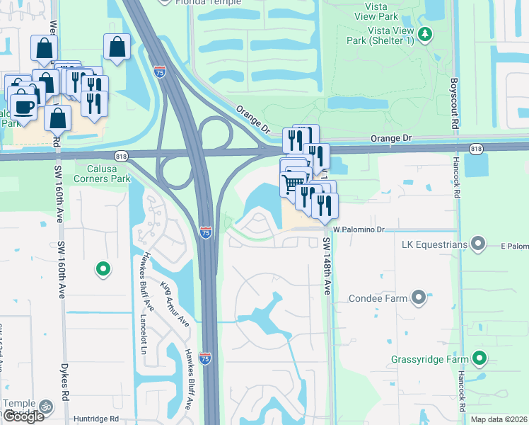 map of restaurants, bars, coffee shops, grocery stores, and more near 4940 Southwest 151st Avenue in Davie
