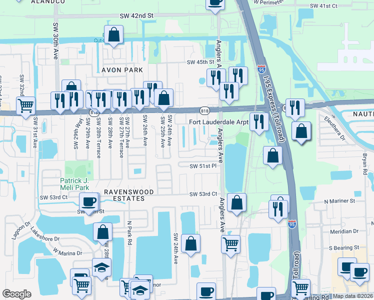 map of restaurants, bars, coffee shops, grocery stores, and more near 4976 Leeward Lane in Fort Lauderdale
