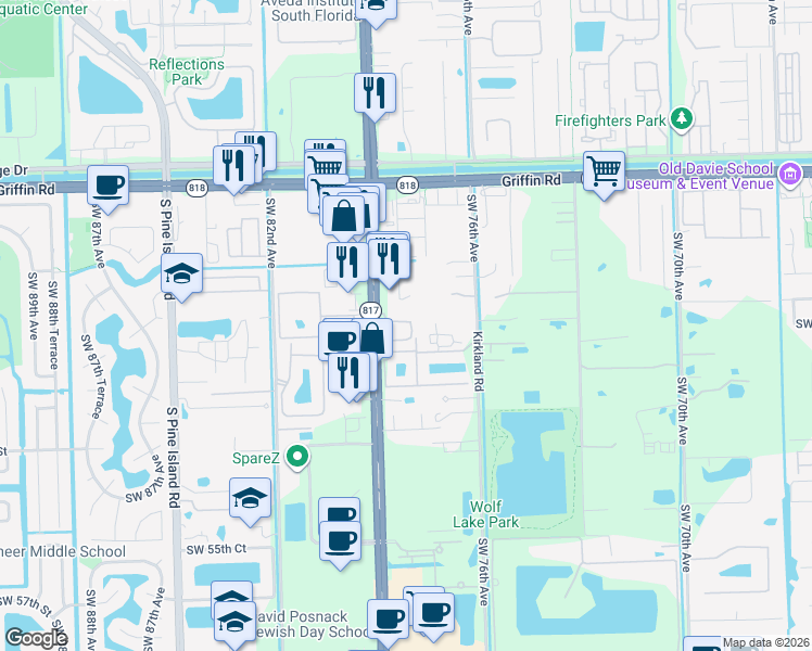 map of restaurants, bars, coffee shops, grocery stores, and more near 7952 North Southwood Circle in Davie