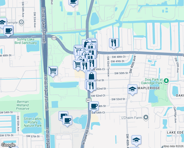 map of restaurants, bars, coffee shops, grocery stores, and more near 5030 Florida 7 in Davie