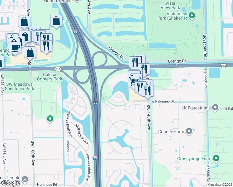 map of restaurants, bars, coffee shops, grocery stores, and more near 4917 Southwest 153rd Avenue in Davie