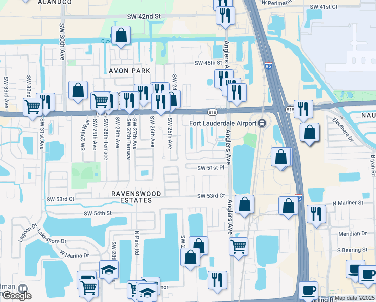 map of restaurants, bars, coffee shops, grocery stores, and more near 4976 Leeward Lane in Fort Lauderdale