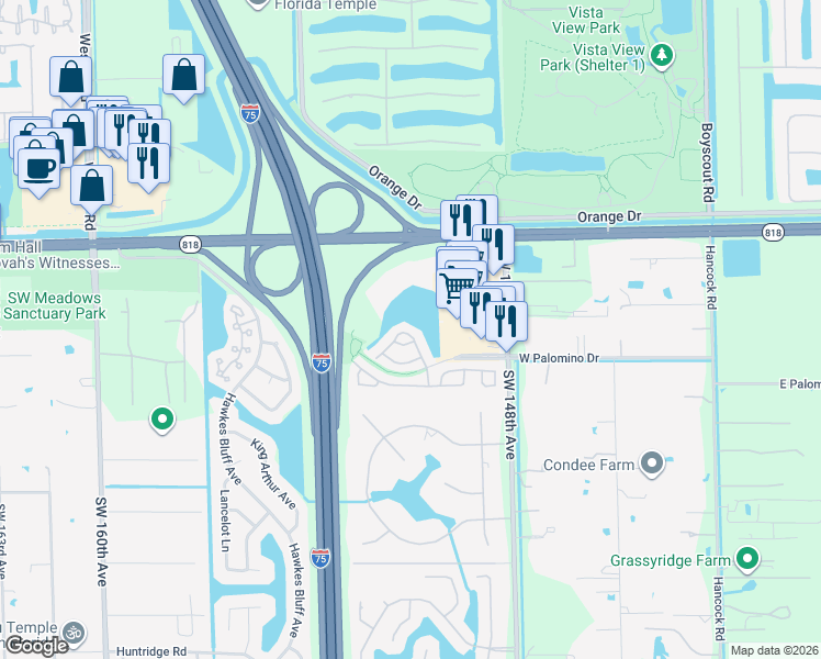 map of restaurants, bars, coffee shops, grocery stores, and more near 4916 Southwest 151st Avenue in Davie