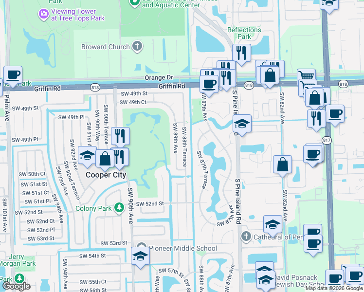 map of restaurants, bars, coffee shops, grocery stores, and more near 5049 Southwest 88th Terrace in Cooper City