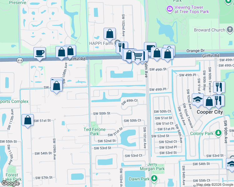 map of restaurants, bars, coffee shops, grocery stores, and more near 10319 Grove Street in Cooper City