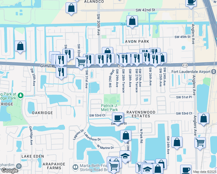 map of restaurants, bars, coffee shops, grocery stores, and more near 5031 Southwest 29th Way in Fort Lauderdale