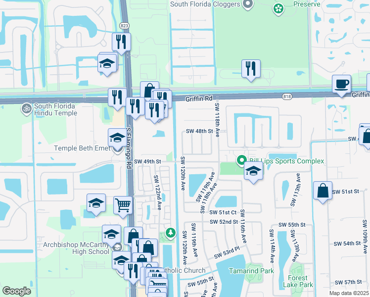 map of restaurants, bars, coffee shops, grocery stores, and more near 4810 Southwest 120th Avenue in Cooper City