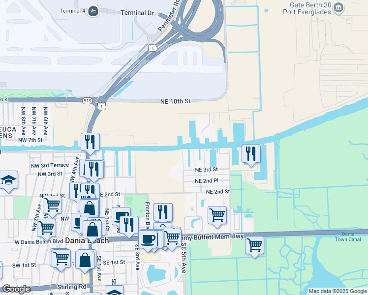 map of restaurants, bars, coffee shops, grocery stores, and more near 326 Northeast 5th Avenue in Dania Beach