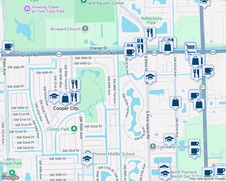 map of restaurants, bars, coffee shops, grocery stores, and more near 5049 Southwest 88th Terrace in Cooper City