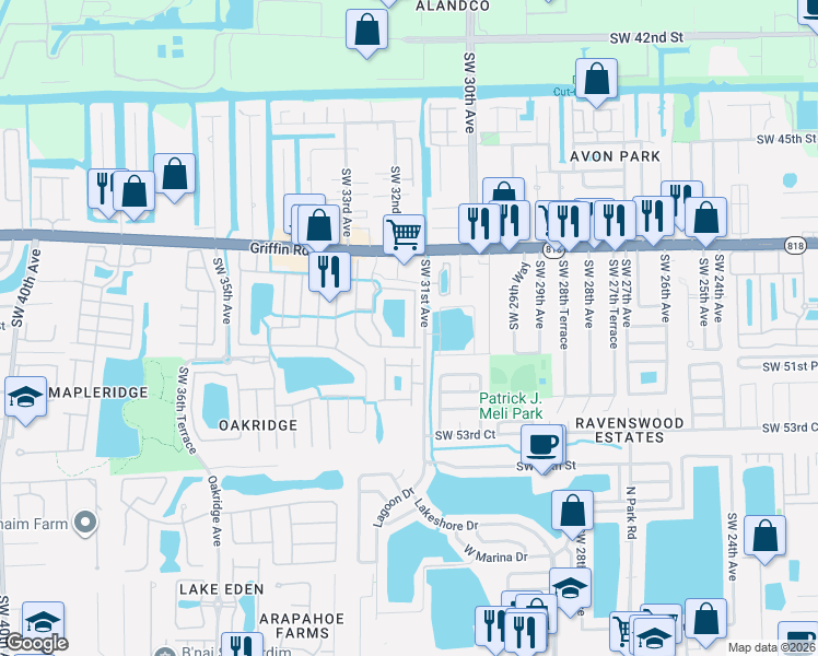 map of restaurants, bars, coffee shops, grocery stores, and more near 3169 Southwest 50th Street in Fort Lauderdale