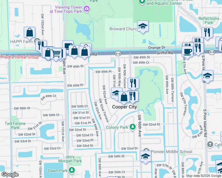 map of restaurants, bars, coffee shops, grocery stores, and more near 5018 Southwest 91st Terrace in Cooper City