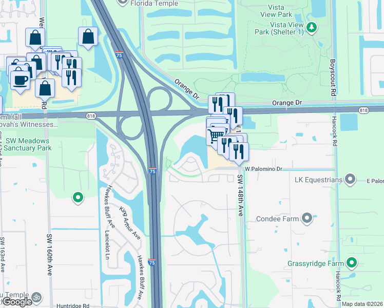 map of restaurants, bars, coffee shops, grocery stores, and more near 4917 Southwest 153rd Avenue in Davie
