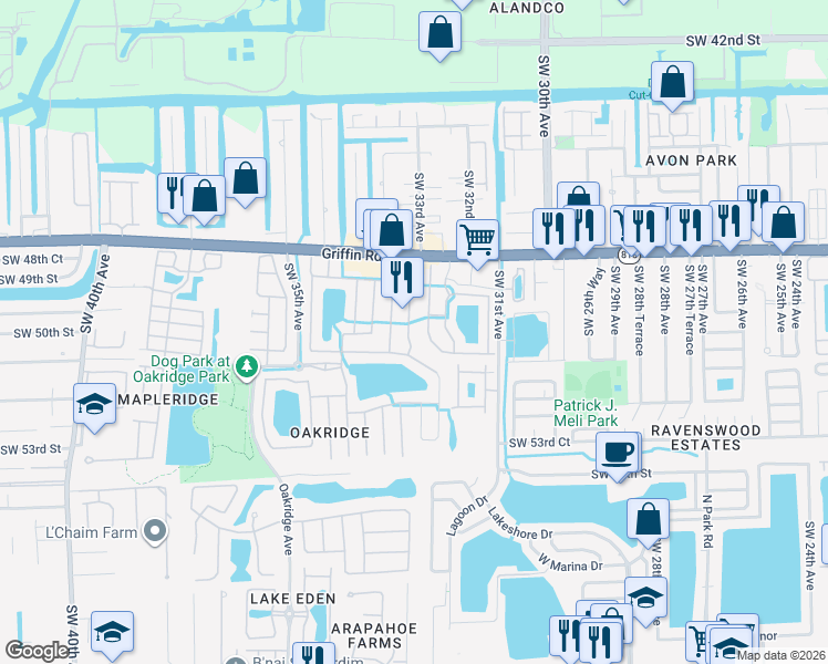 map of restaurants, bars, coffee shops, grocery stores, and more near 4974 Southwest 32nd Terrace in Fort Lauderdale