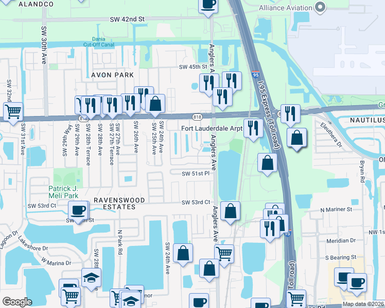 map of restaurants, bars, coffee shops, grocery stores, and more near 2250 Anchor Court in Fort Lauderdale