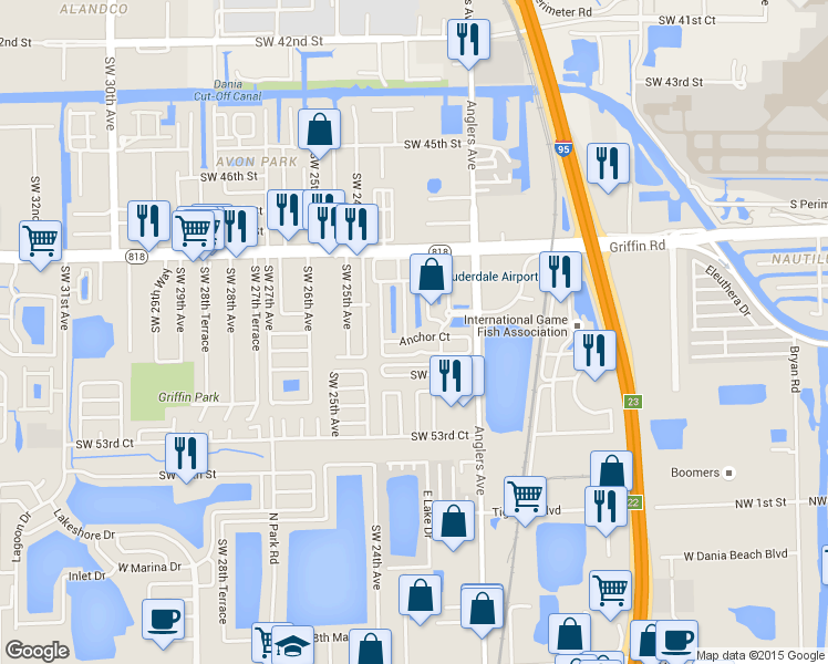 map of restaurants, bars, coffee shops, grocery stores, and more near 2250 Anchor Court in Fort Lauderdale