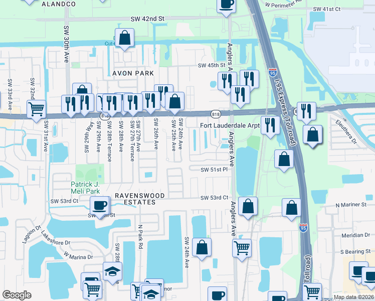 map of restaurants, bars, coffee shops, grocery stores, and more near 4976 Leeward Lane in Fort Lauderdale