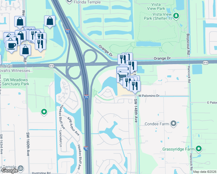 map of restaurants, bars, coffee shops, grocery stores, and more near 4917 Southwest 153rd Avenue in Davie