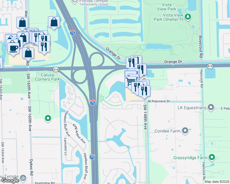map of restaurants, bars, coffee shops, grocery stores, and more near 4917 Southwest 153rd Avenue in Davie