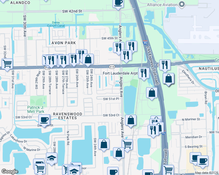 map of restaurants, bars, coffee shops, grocery stores, and more near 2250 Anchor Court in Fort Lauderdale