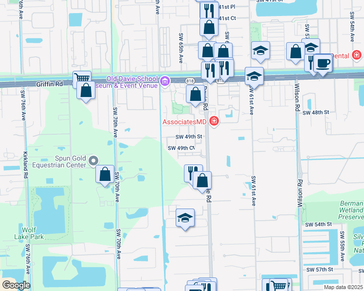 map of restaurants, bars, coffee shops, grocery stores, and more near 6575 Southwest 49th Court in Davie