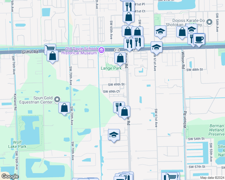 map of restaurants, bars, coffee shops, grocery stores, and more near 6543 North Anise Court in Davie