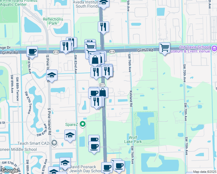 map of restaurants, bars, coffee shops, grocery stores, and more near 7952 North Southwood Circle in Davie