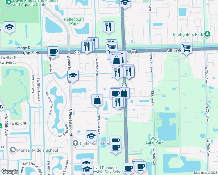 map of restaurants, bars, coffee shops, grocery stores, and more near 4901 Shalimar Lane in Davie