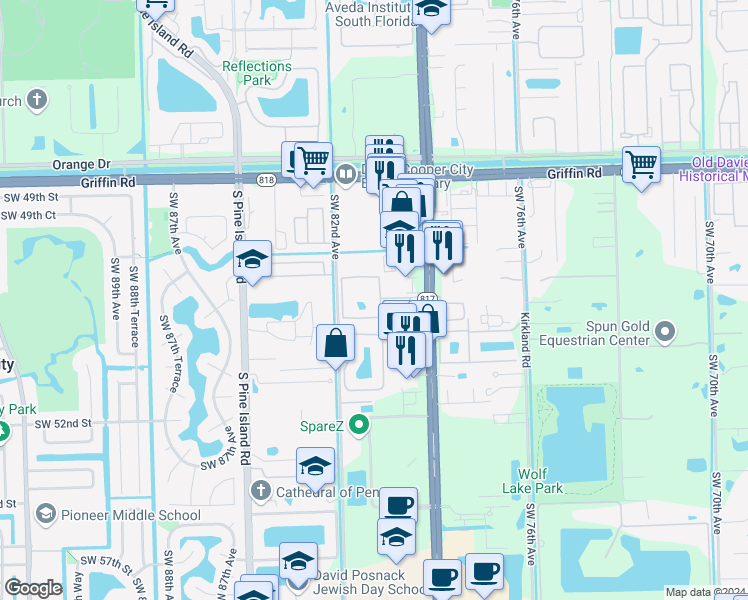 map of restaurants, bars, coffee shops, grocery stores, and more near 4901 Shalimar Lane in Davie