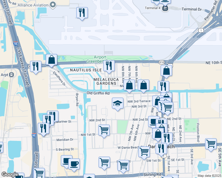 map of restaurants, bars, coffee shops, grocery stores, and more near 709 Northwest 10th Avenue in Dania Beach