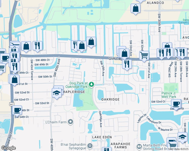 map of restaurants, bars, coffee shops, grocery stores, and more near 3575 Southwest 50th Street in Fort Lauderdale