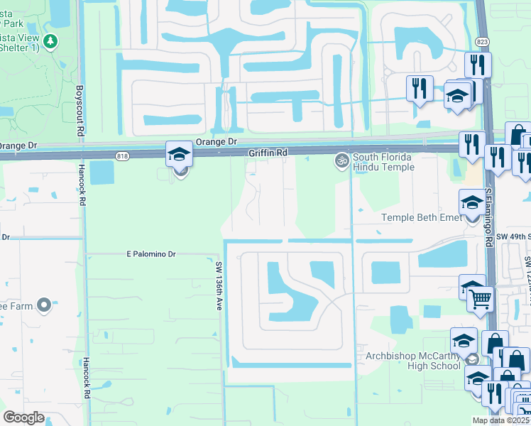 map of restaurants, bars, coffee shops, grocery stores, and more near 4711 Southwest 133rd Avenue in Southwest Ranches