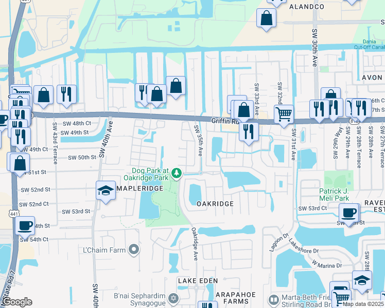 map of restaurants, bars, coffee shops, grocery stores, and more near 5027 Southwest 35th Way in Fort Lauderdale