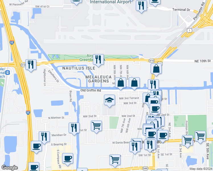 map of restaurants, bars, coffee shops, grocery stores, and more near 709 Northwest 10th Avenue in Dania Beach