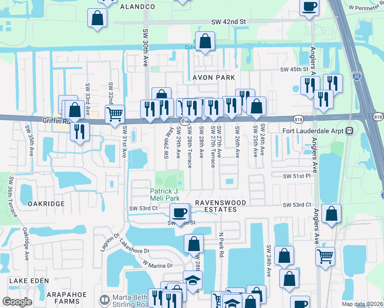 map of restaurants, bars, coffee shops, grocery stores, and more near 5020 Southwest 29th Avenue in Fort Lauderdale