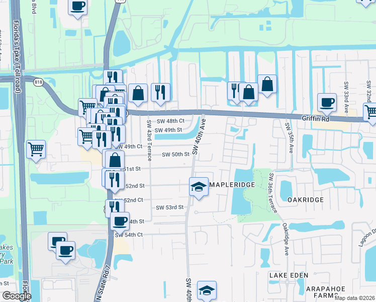 map of restaurants, bars, coffee shops, grocery stores, and more near 4020 Southwest 50th Street in Fort Lauderdale