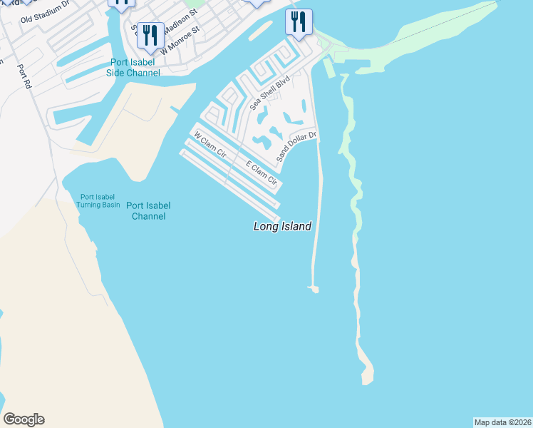 map of restaurants, bars, coffee shops, grocery stores, and more near 102 East Scallop in Port Isabel