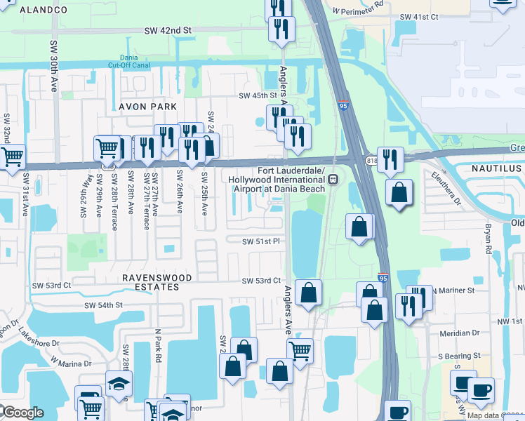 map of restaurants, bars, coffee shops, grocery stores, and more near 2250 Anchor Court in Fort Lauderdale